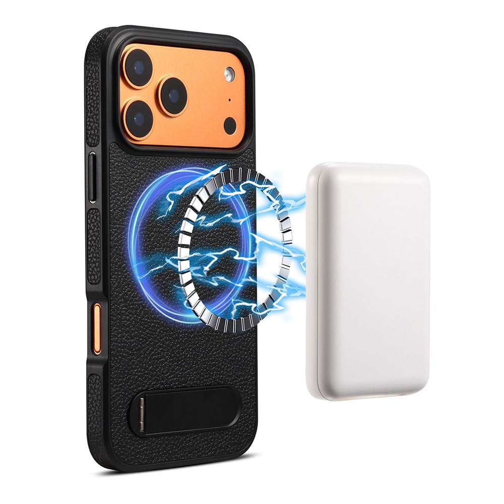 DENIOR A25+3 For iPhone 17 Pro Max Case Compatible with MagSafe Litchi Texture Leather PC TPU Kickstand Phone Cover - Black