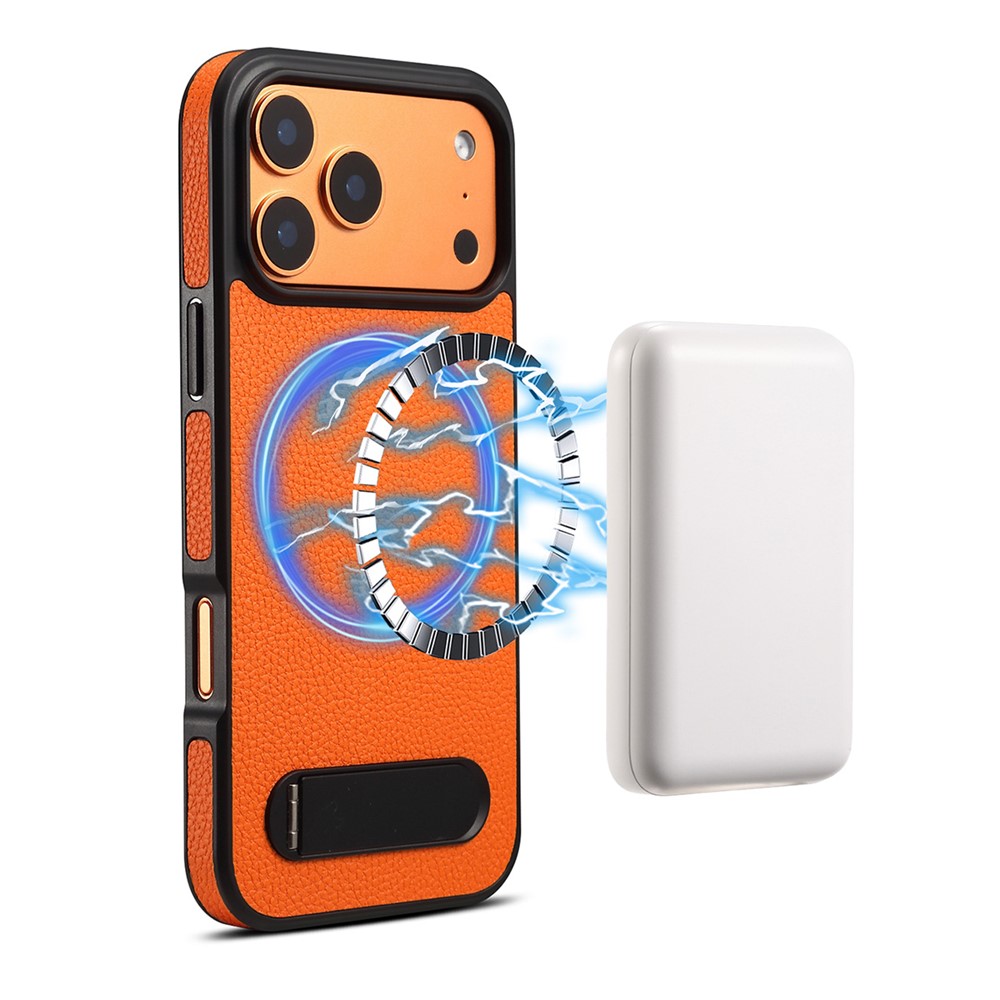 DENIOR A25+3 For iPhone 17 Pro Max Case Compatible with MagSafe Litchi Texture Leather PC TPU Kickstand Phone Cover - Orange