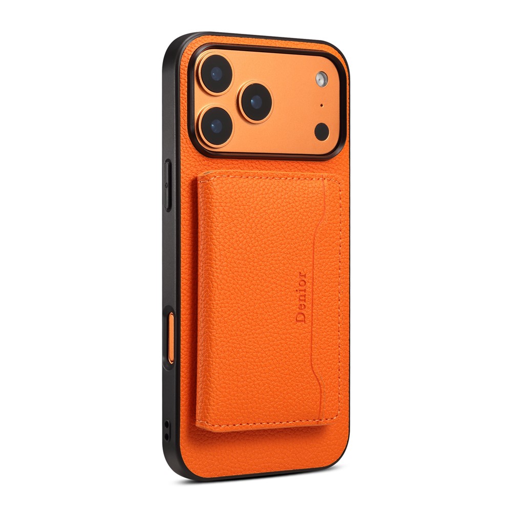 DENIOR D30 For iPhone 17 Pro Max Case Compatible with MagSafe Detachable Card Holder Kickstand Litchi Texture Leather Back Phone Cover - Orange