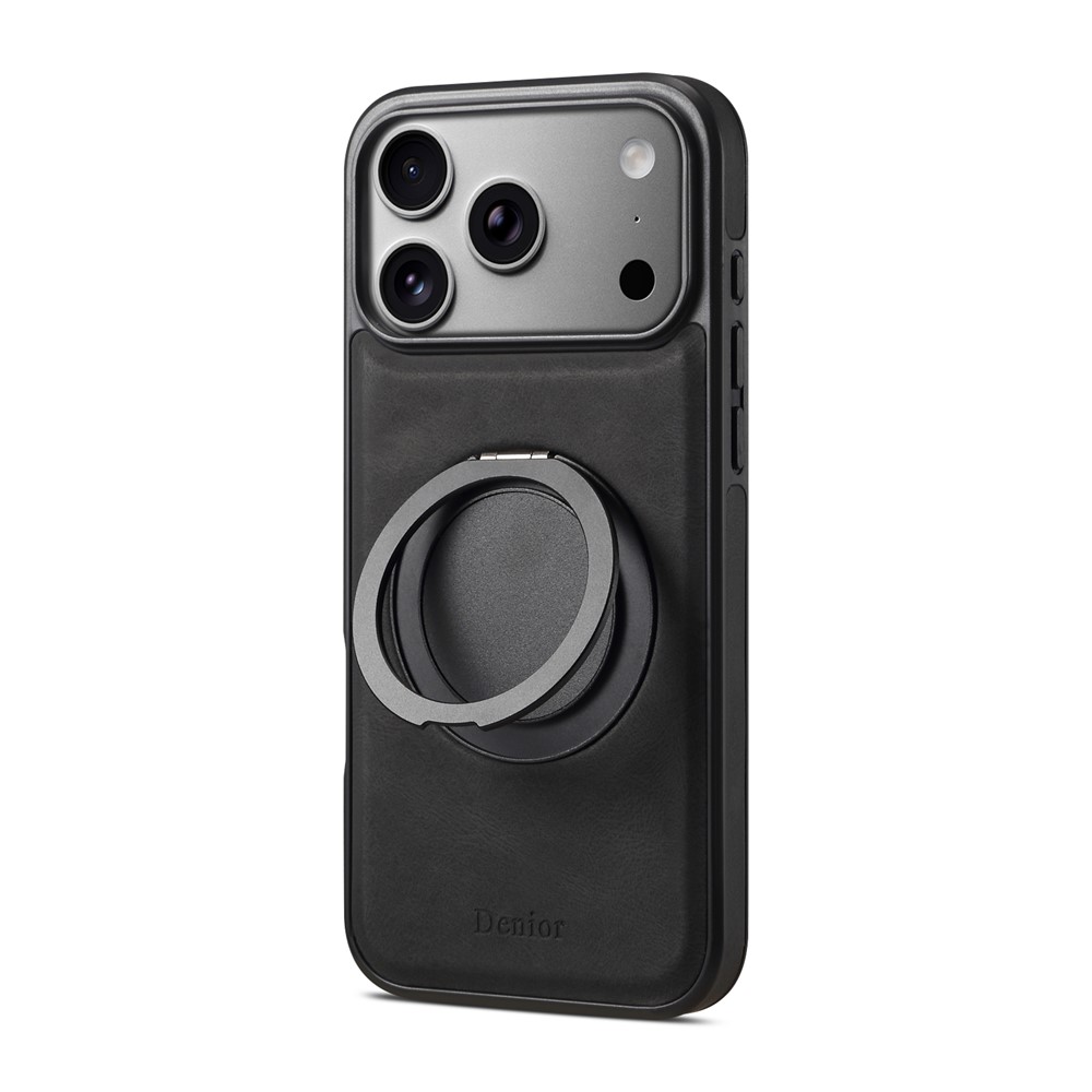 DENIOR A14 For iPhone 17 Pro Max Magnetic Case Rotary Kickstand Leather PC TPU Phone Cover - Black