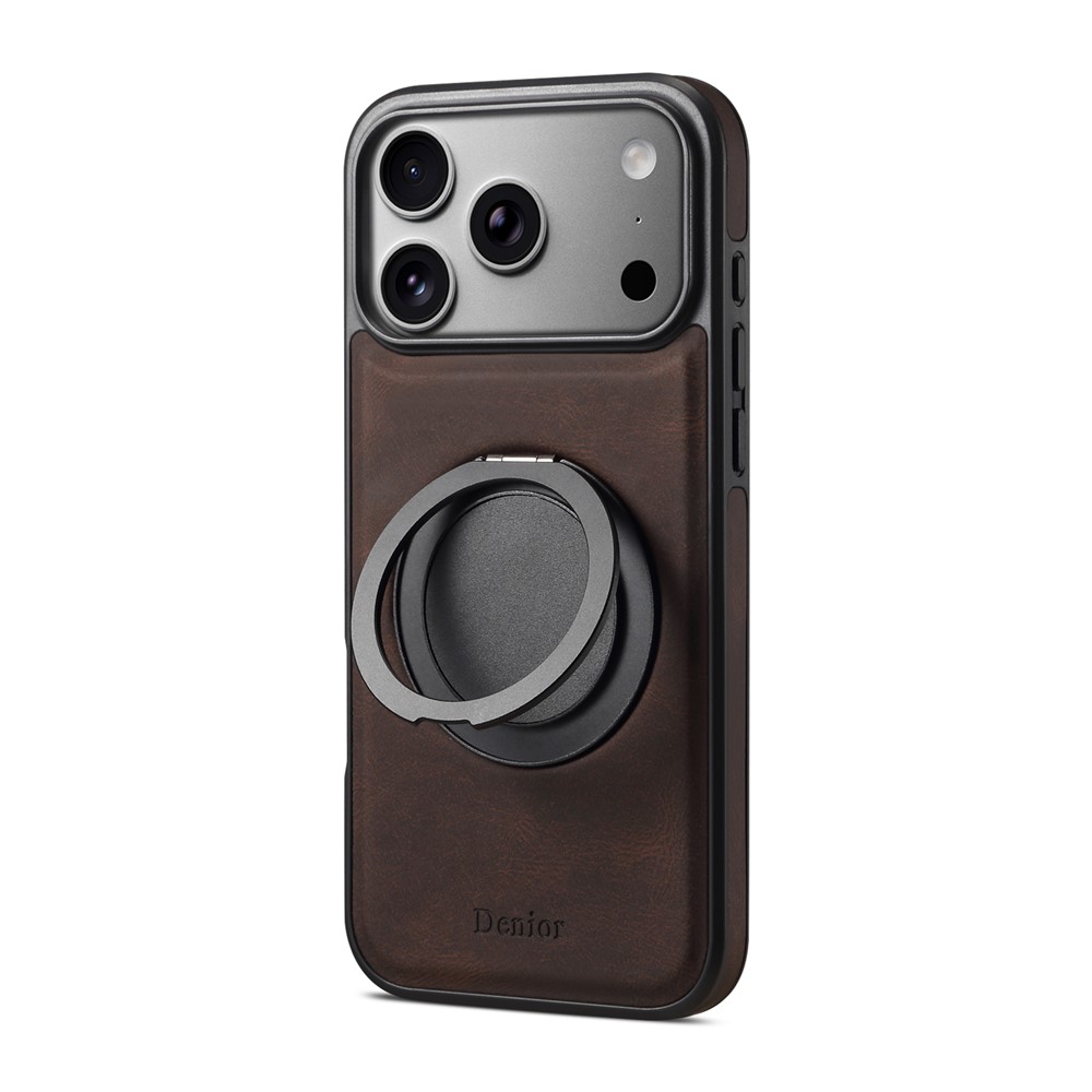 DENIOR A14 For iPhone 17 Pro Max Magnetic Case Rotary Kickstand Leather PC TPU Phone Cover - Brown