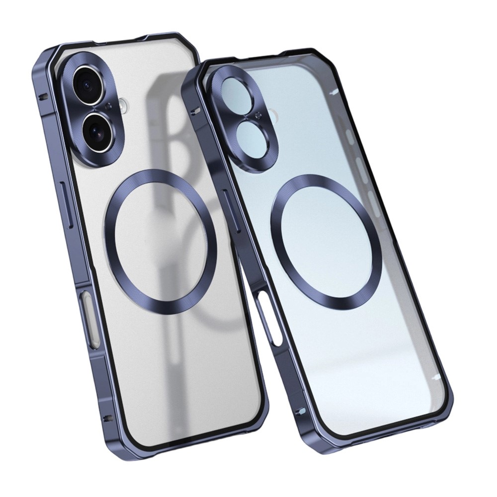 For iPhone 17 Case Compatible with MagSafe Hard PC Metal Frame Frosted Phone Back Cover - Dark Blue