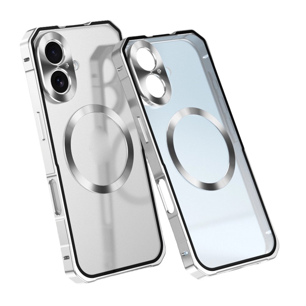 For iPhone 17 Case Compatible with MagSafe Hard PC Metal Frame Frosted Phone Back Cover - Silver