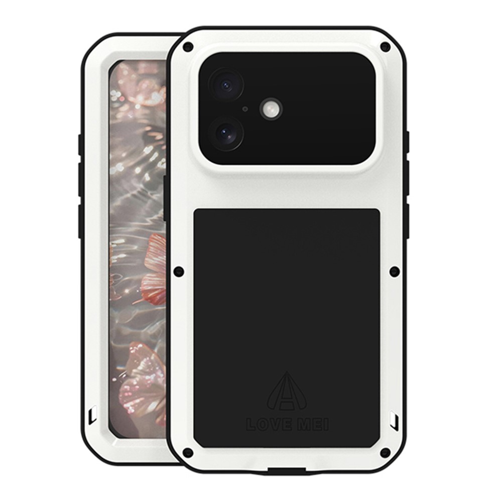 LOVE MEI For iPhone 17 Case Tempered Glass Screen Protector Metal + Silicone Phone Cover - White