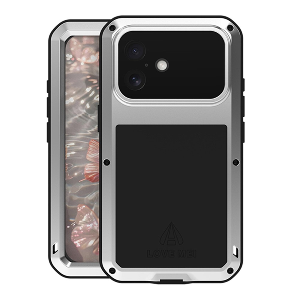 LOVE MEI For iPhone 17 Case Tempered Glass Screen Protector Metal + Silicone Phone Cover - Silver