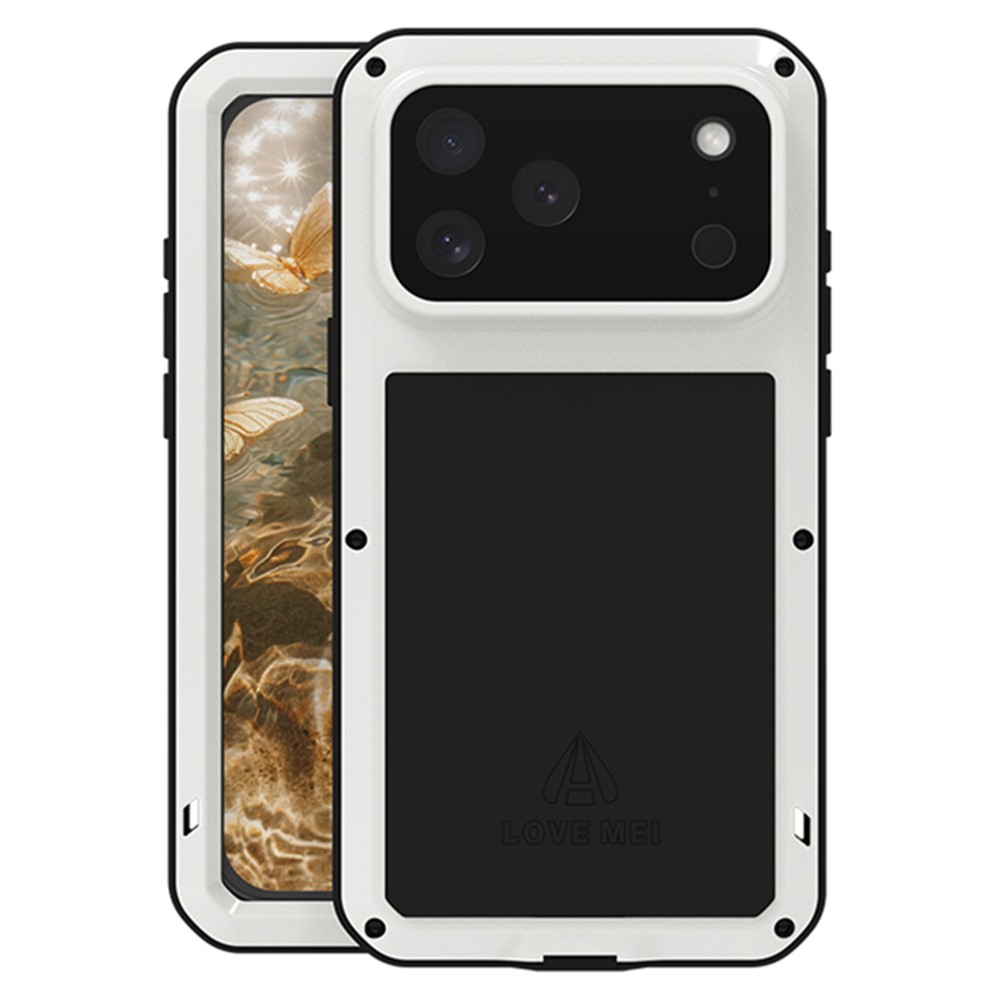 LOVE MEI For iPhone 17 Pro Max Case Tempered Glass Screen Protector Metal + Silicone Phone Cover - White