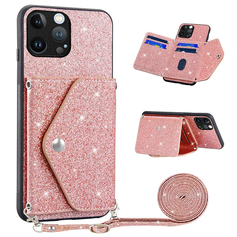 For iPhone 15 Pro Max Case Card Holder Kickstand PU Leather + TPU Glitter Phone Cover with Shoulder Strap - Pink