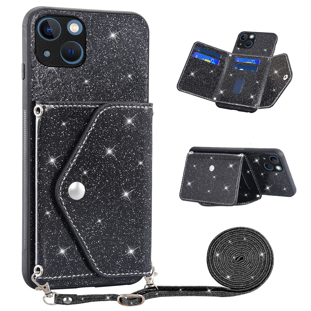 For iPhone 15 Case Card Holder Kickstand PU Leather + TPU Glitter Phone Cover with Shoulder Strap - Black