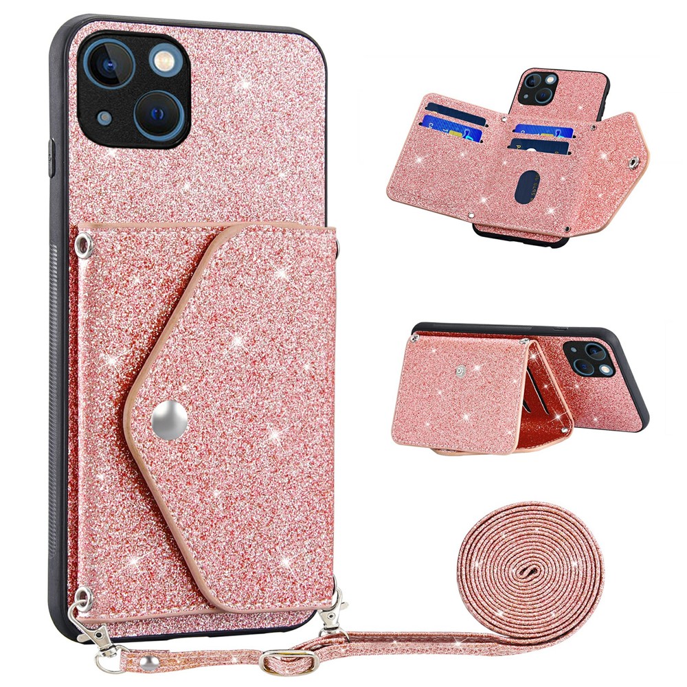 For iPhone 15 Plus Case Card Holder Kickstand PU Leather + TPU Glitter Phone Cover with Shoulder Strap - Pink