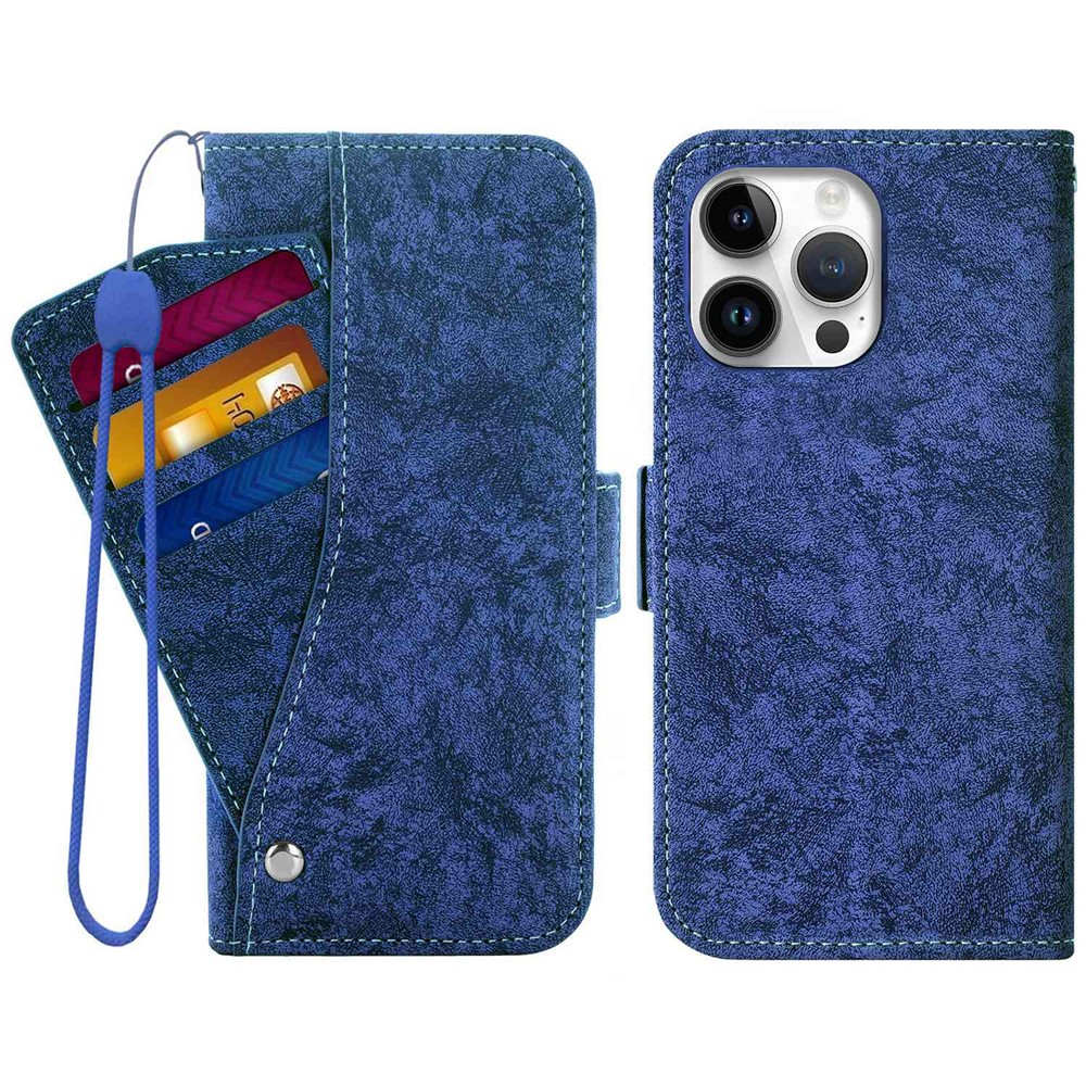 For iPhone 15 Pro Max Case Water-ink Painting Wallet PU Leathe Phone Cover with Rotating Card Slots - Blue