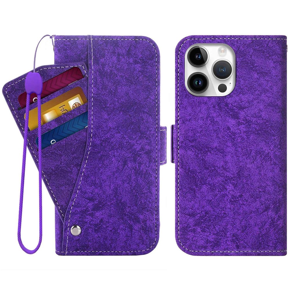 For iPhone 15 Pro Max Case Water-ink Painting Wallet PU Leathe Phone Cover with Rotating Card Slots - Purple