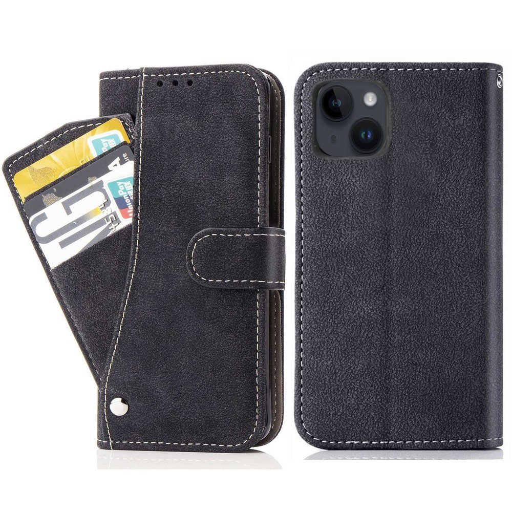 For iPhone 15 Plus Case Retro PU Leather Wallet Phone Cover with Rotating Card Slots Holder - Black