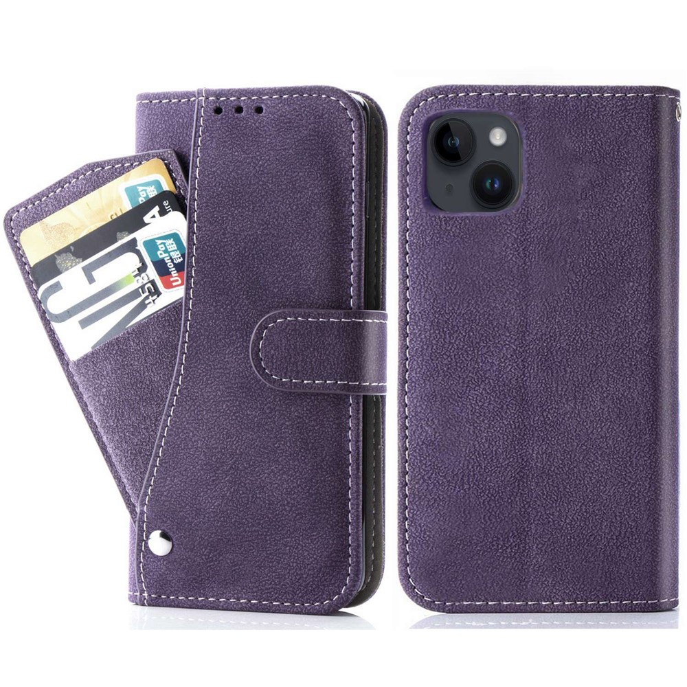 For iPhone 15 Plus Case Retro PU Leather Wallet Phone Cover with Rotating Card Slots Holder - Purple