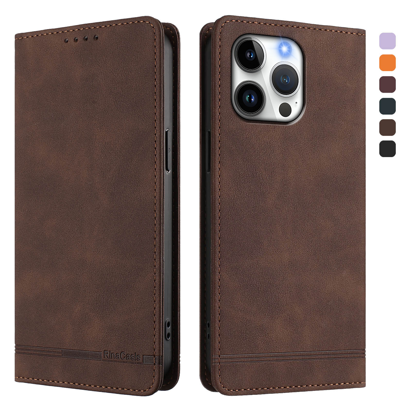 For iPhone 16 Pro Case RINACASIS RC23 RFID Blocking Wallet Stand PU Leather Phone Cover - Brown