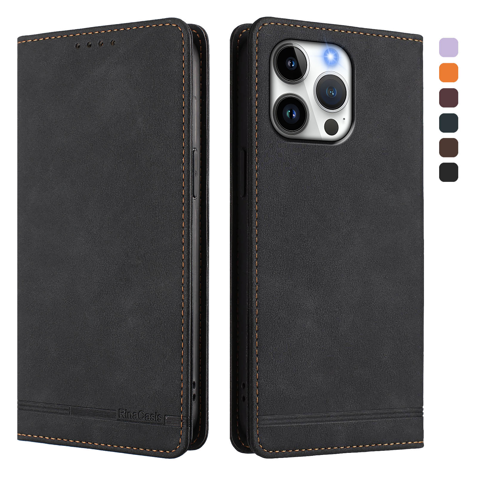 For iPhone 16 Pro Case RINACASIS RC23 RFID Blocking Wallet Stand PU Leather Phone Cover - Black