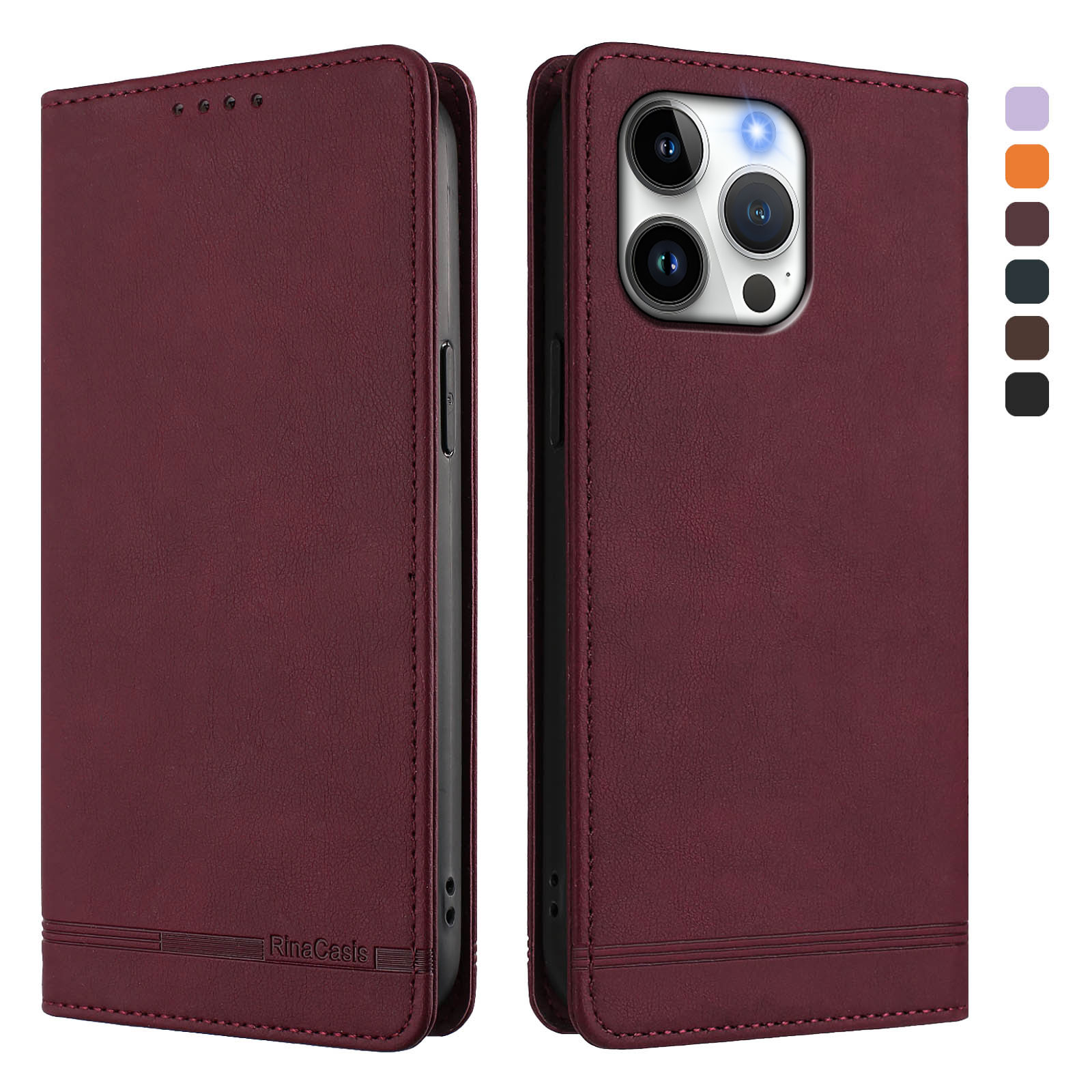 For iPhone 16 Pro Case RINACASIS RC23 RFID Blocking Wallet Stand PU Leather Phone Cover - Wine Red