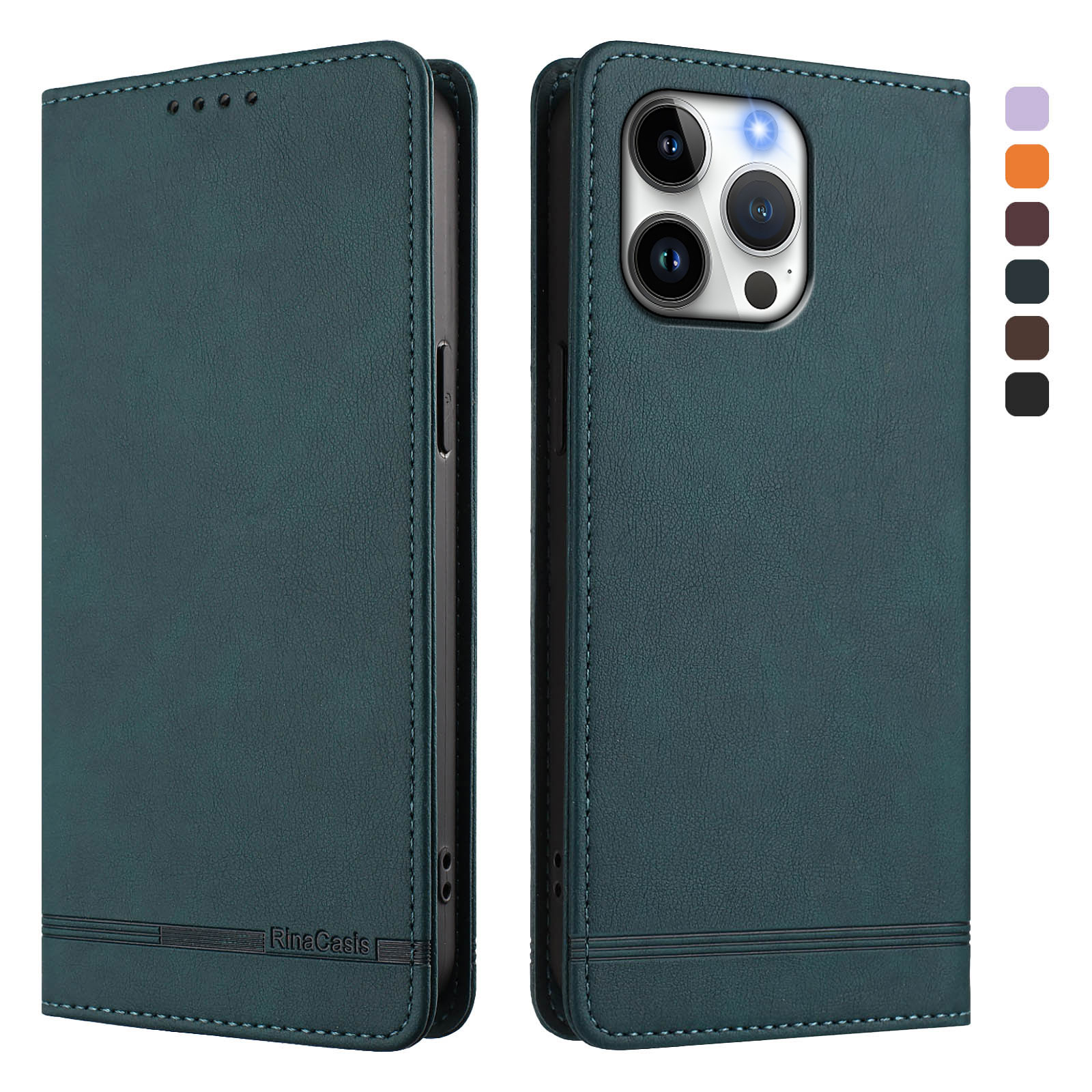 For iPhone 16 Pro Max Case RINACASIS RC23 RFID Blocking Wallet Stand PU Leather Phone Cover - Dark Green