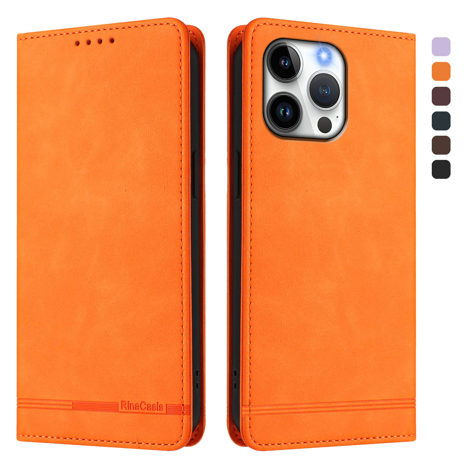 For iPhone 16 Pro Max Case RINACASIS RC23 RFID Blocking Wallet Stand PU Leather Phone Cover - Orange