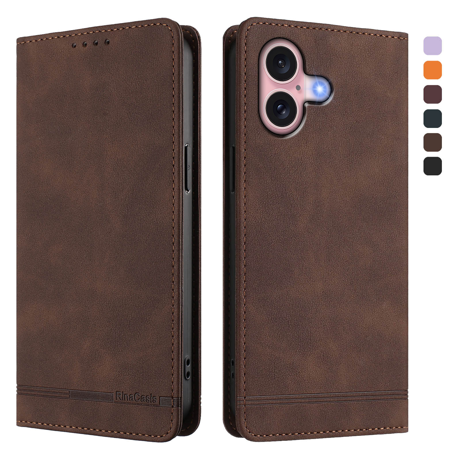 For iPhone 16 Case RINACASIS RC23 RFID Blocking Wallet Stand PU Leather Phone Cover - Brown