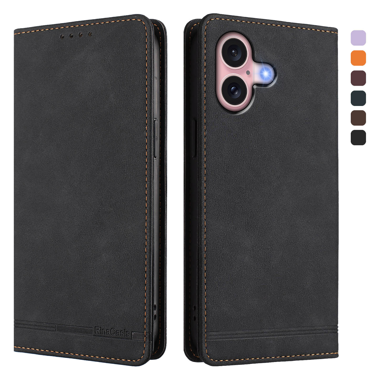 For iPhone 16 Case RINACASIS RC23 RFID Blocking Wallet Stand PU Leather Phone Cover - Black