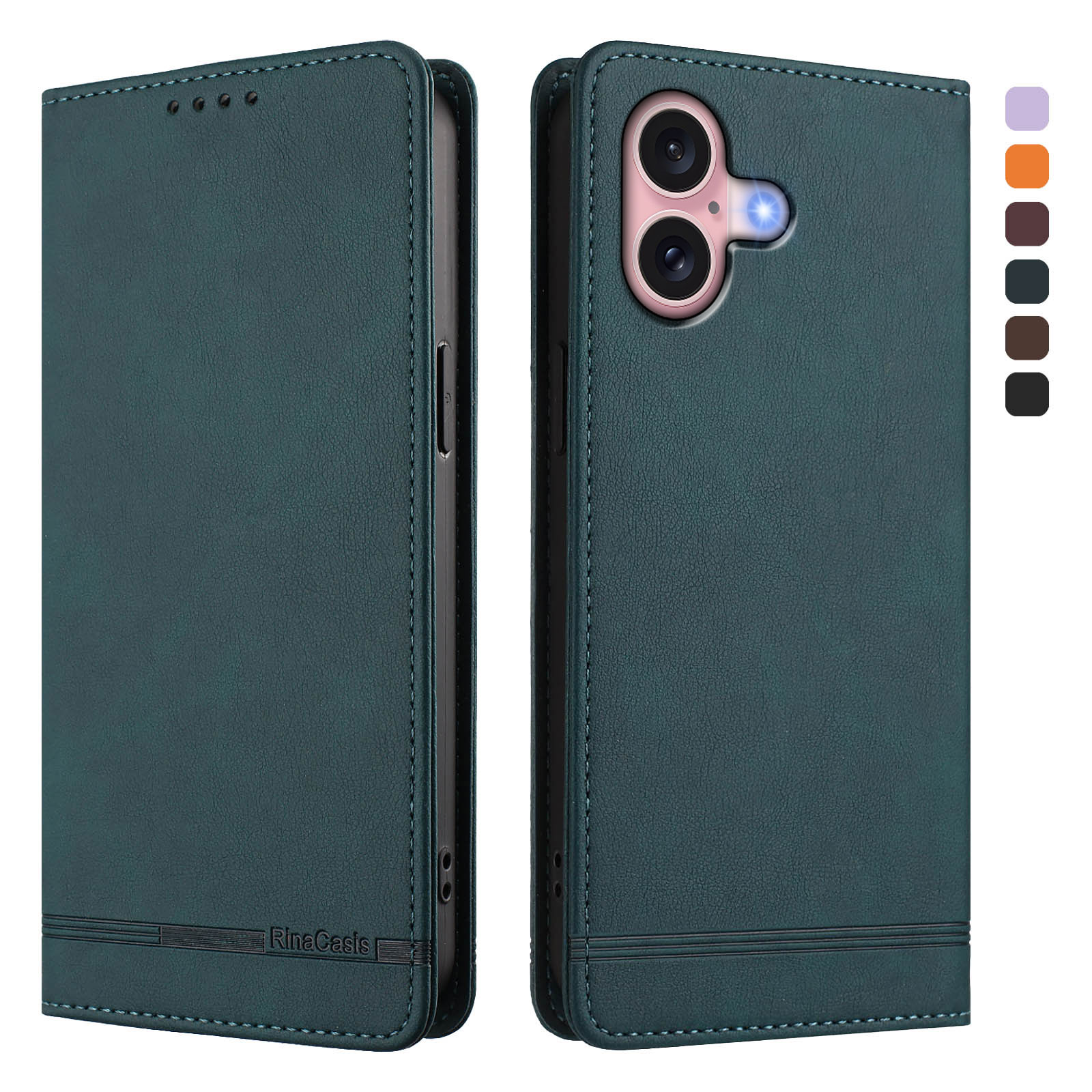For iPhone 16 Case RINACASIS RC23 RFID Blocking Wallet Stand PU Leather Phone Cover - Dark Green