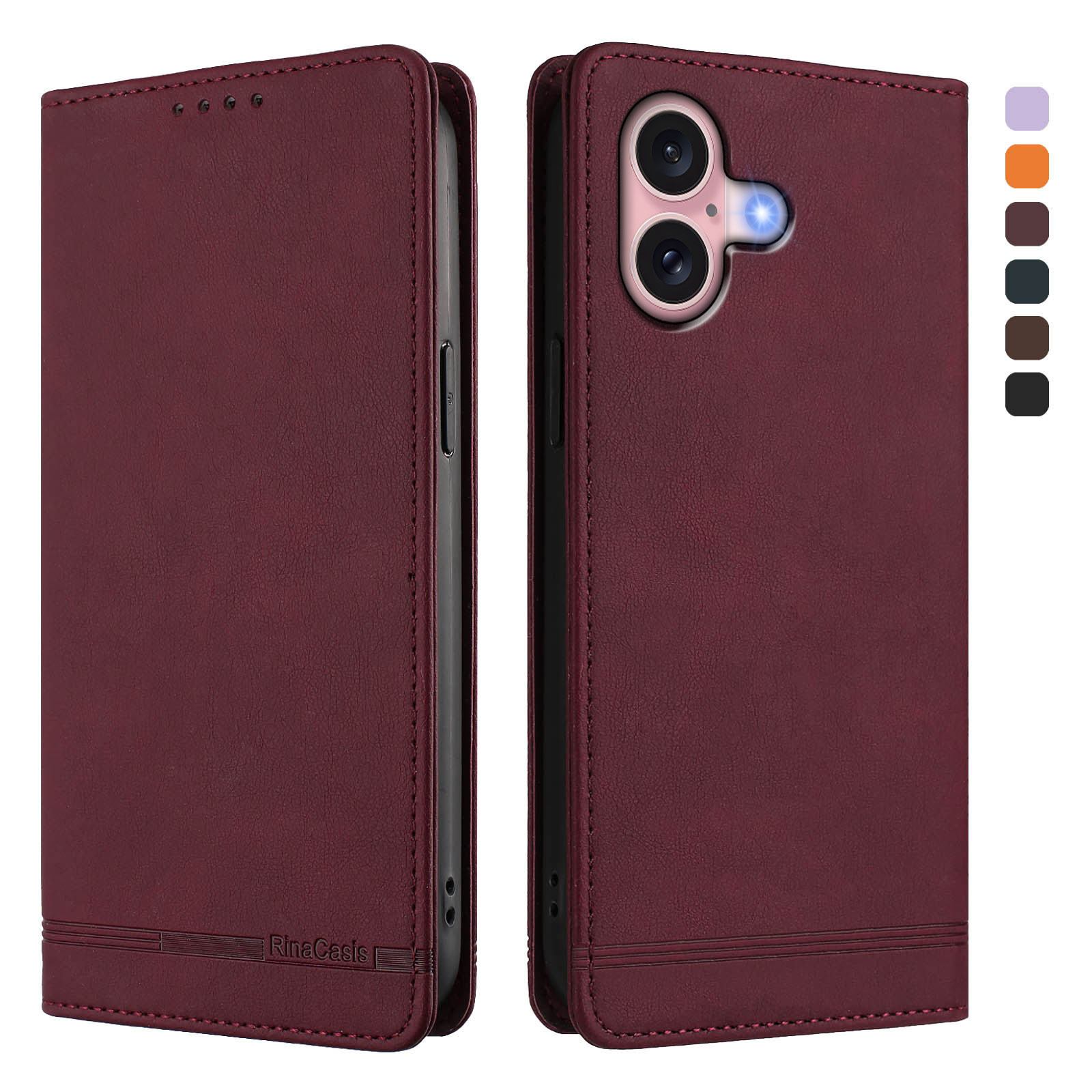 For iPhone 16 Case RINACASIS RC23 RFID Blocking Wallet Stand PU Leather Phone Cover - Wine Red