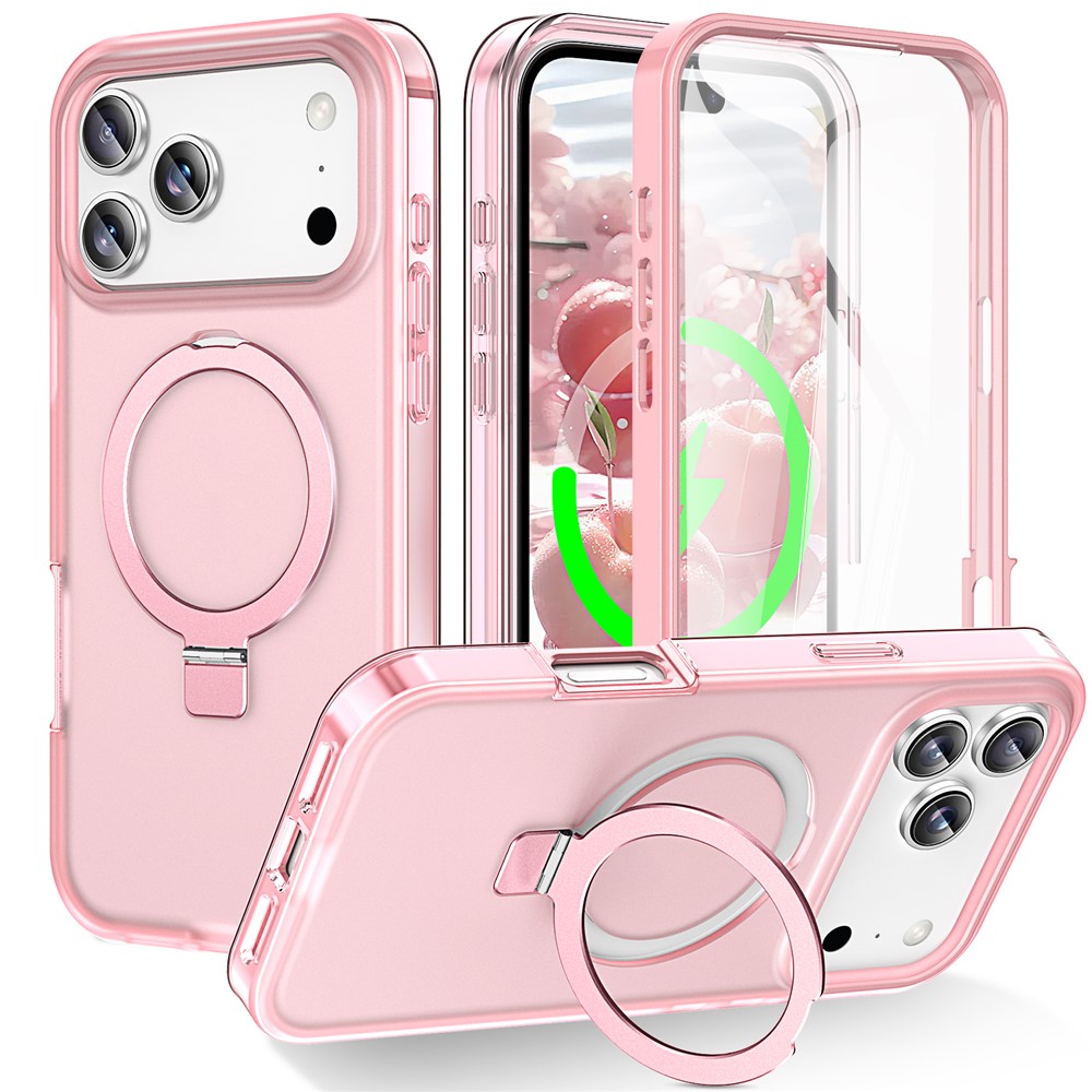 For iPhone 17 Pro Max Magnetic Case Kickstand Frosted TPU + PC Phone Cover with PET Screen Protector - Pink