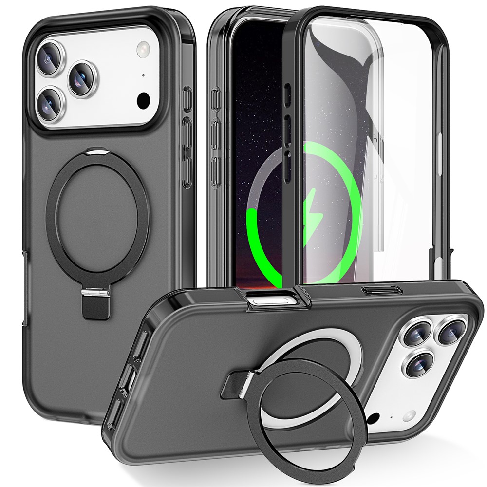 For iPhone 17 Pro Max Magnetic Case Kickstand Frosted TPU + PC Phone Cover with PET Screen Protector - Black