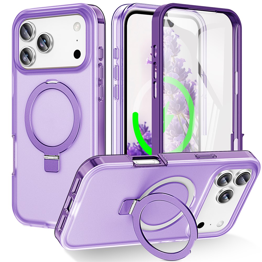 For iPhone 17 Pro Max Magnetic Case Kickstand Frosted TPU + PC Phone Cover with PET Screen Protector - Purple
