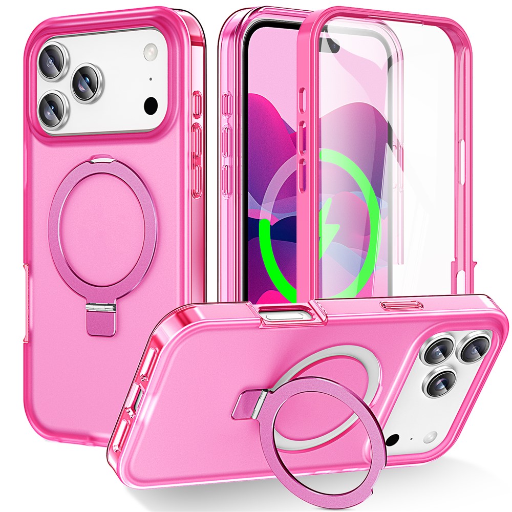 For iPhone 17 Pro Magnetic Case Kickstand Frosted TPU + PC Phone Cover with PET Screen Protector - Rose
