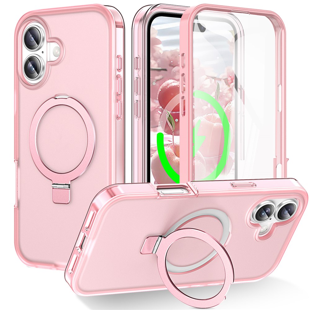 For iPhone 17 Magnetic Case Kickstand Frosted TPU + PC Phone Cover with PET Screen Protector - Pink
