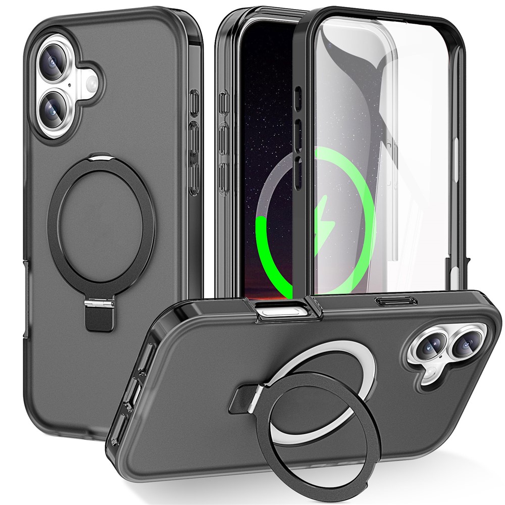 For iPhone 17 Magnetic Case Kickstand Frosted TPU + PC Phone Cover with PET Screen Protector - Black