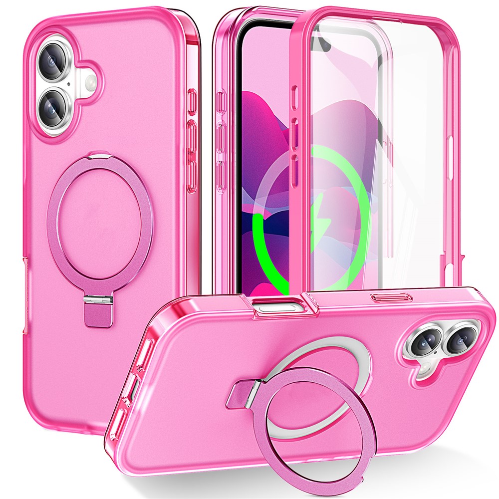 For iPhone 17 Magnetic Case Kickstand Frosted TPU + PC Phone Cover with PET Screen Protector - Rose