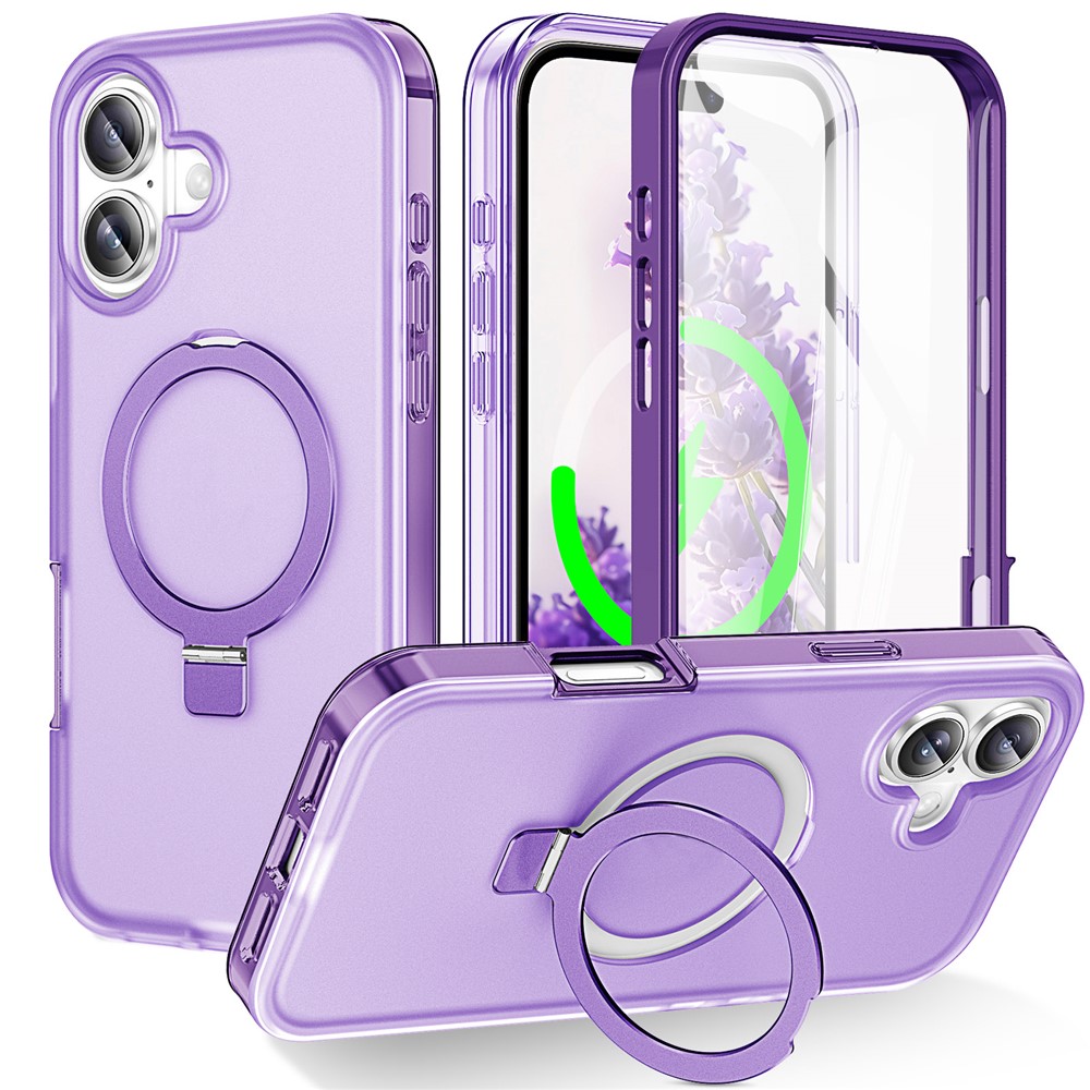 For iPhone 17 Magnetic Case Kickstand Frosted TPU + PC Phone Cover with PET Screen Protector - Purple