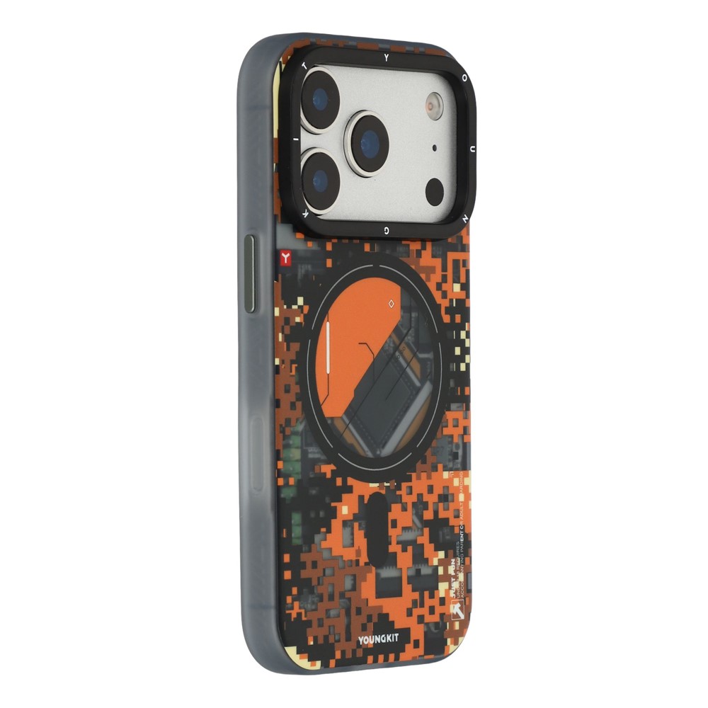 YOUNGKIT For iPhone 17 Pro Magnetic Case Pixel Camouflage 2.0 Shockproof TPU PC Phone Back Cover - Orange