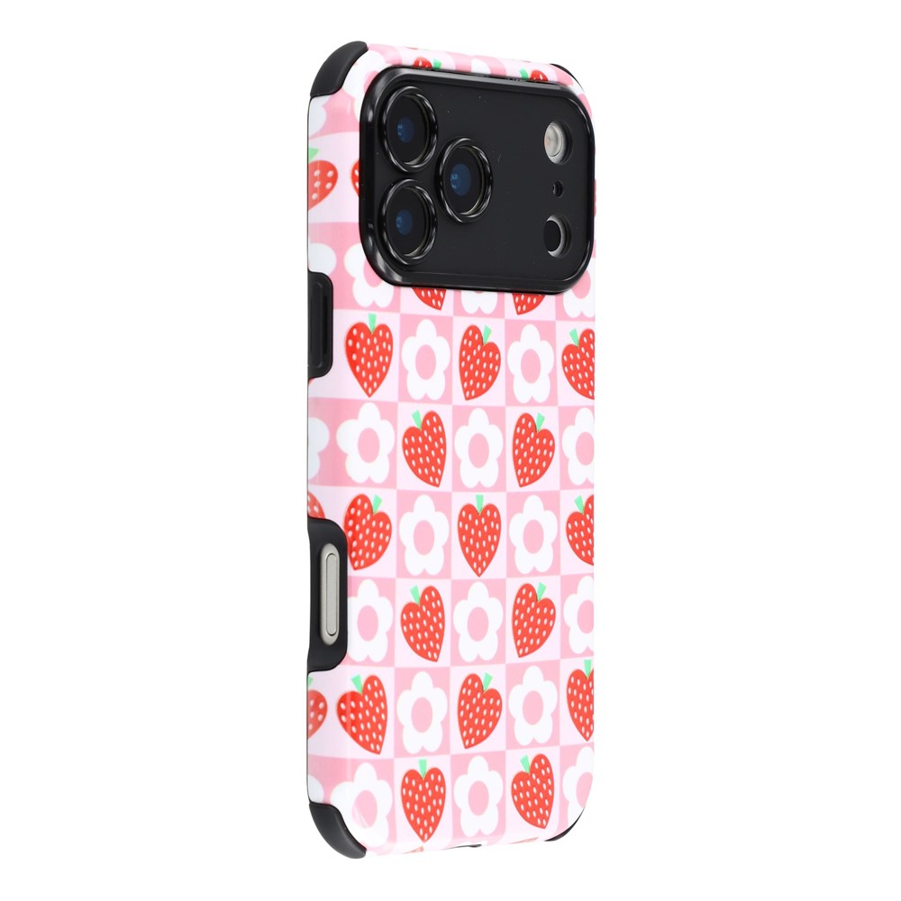 For iPhone 17 Pro Max Case IMD Pattern Design Corner Protection PC + TPU Phone Cover - Strawberry Heart Grid