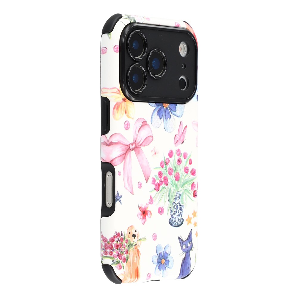 For iPhone 17 Pro Max Case IMD Pattern Design Corner Protection PC + TPU Phone Cover - Cute Bow Cat Floral
