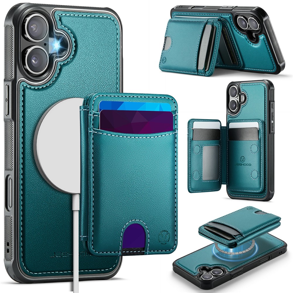 JEEHOOD J10 For iPhone 17 Case with Detachable Card Holder Kickstand Compatible with MagSafe Leather Back Phone Coverd - Green