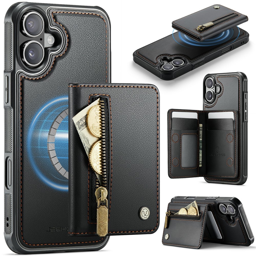 JEEHOOD J12 For iPhone 17 Magnetic Case Detachable Zipper Wallet Kickstand Leather Back Cover  Compatible with MagSafe - Black
