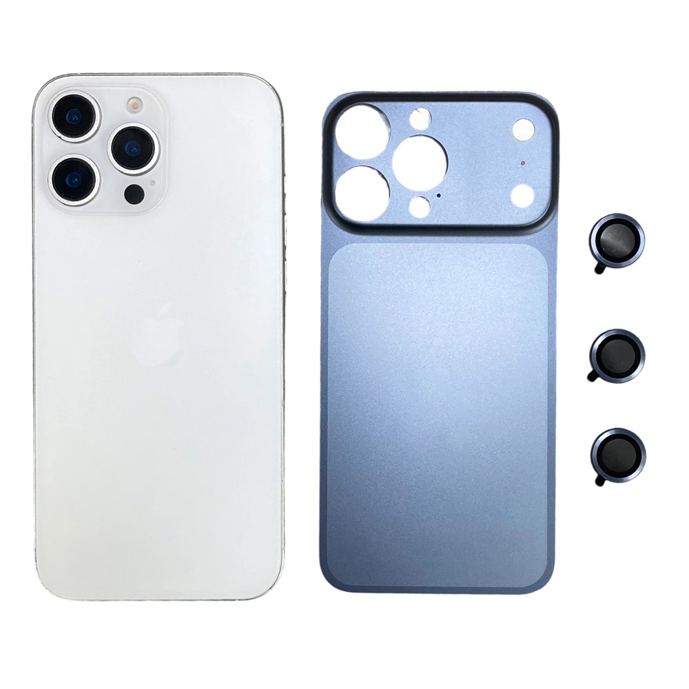 For iPhone 15 Pro Max Metal Case Transfer to 17 Pro Max Phone Cover with Camera Lens Protector - Blue