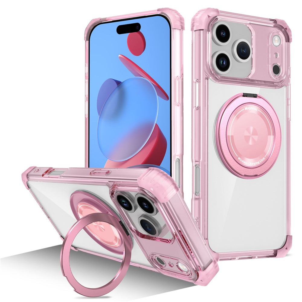 For iPhone 17 Pro Max Case Compatible with MagSafe Rotating Kickstand PC + TPU Back Cover - Transparent Pink