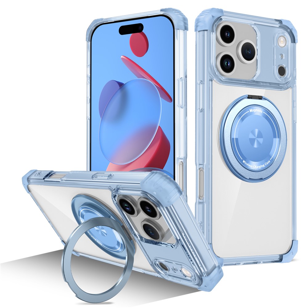 For iPhone 17 Pro Max Case Compatible with MagSafe Rotating Kickstand PC + TPU Back Cover - Transparent Blue
