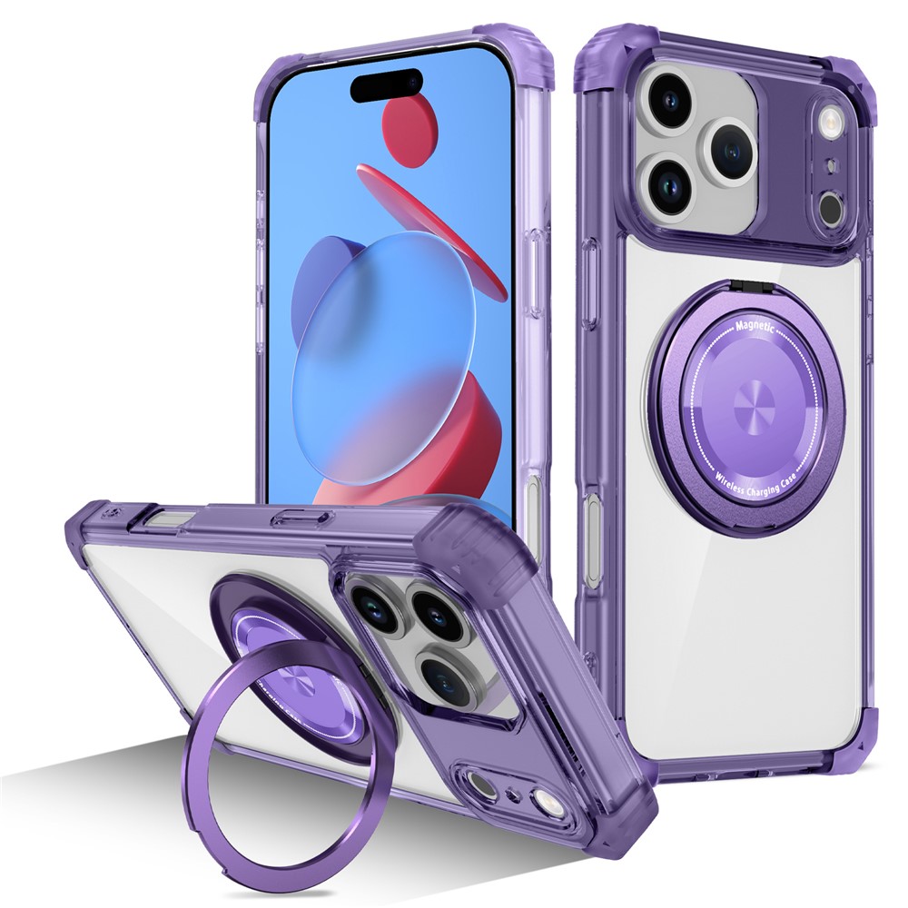 For iPhone 17 Pro Max Case Compatible with MagSafe Rotating Kickstand PC + TPU Back Cover - Transparent Purple