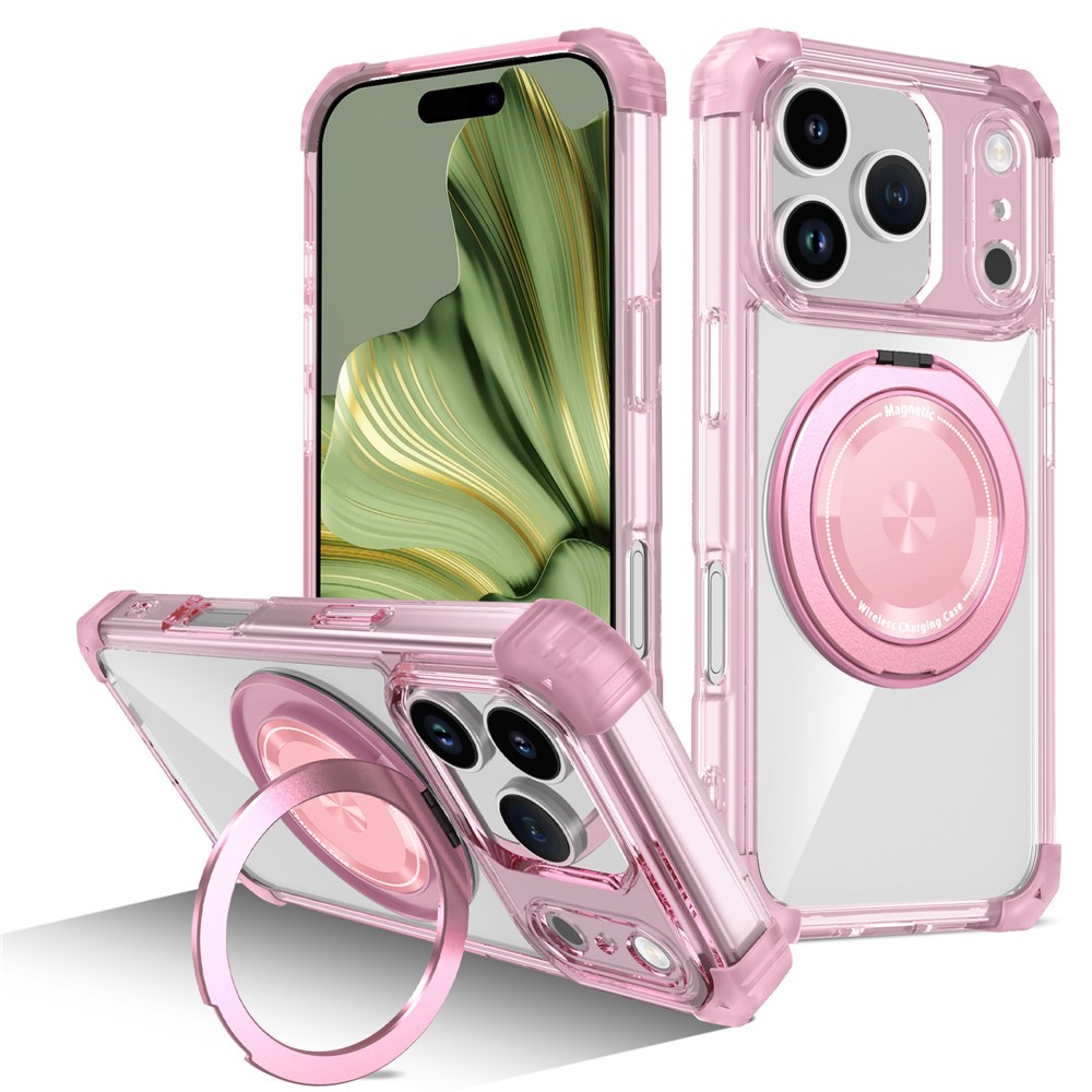 For iPhone 17 Pro Case Compatible with MagSafe Rotating Kickstand PC + TPU Back Cover - Transparent Pink