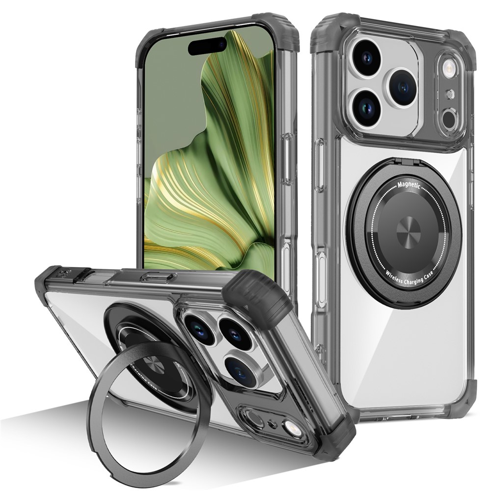 For iPhone 17 Pro Case Compatible with MagSafe Rotating Kickstand PC + TPU Back Cover - Transparent Black