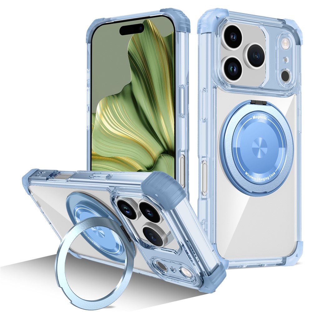 For iPhone 17 Pro Case Compatible with MagSafe Rotating Kickstand PC + TPU Back Cover - Transparent Blue