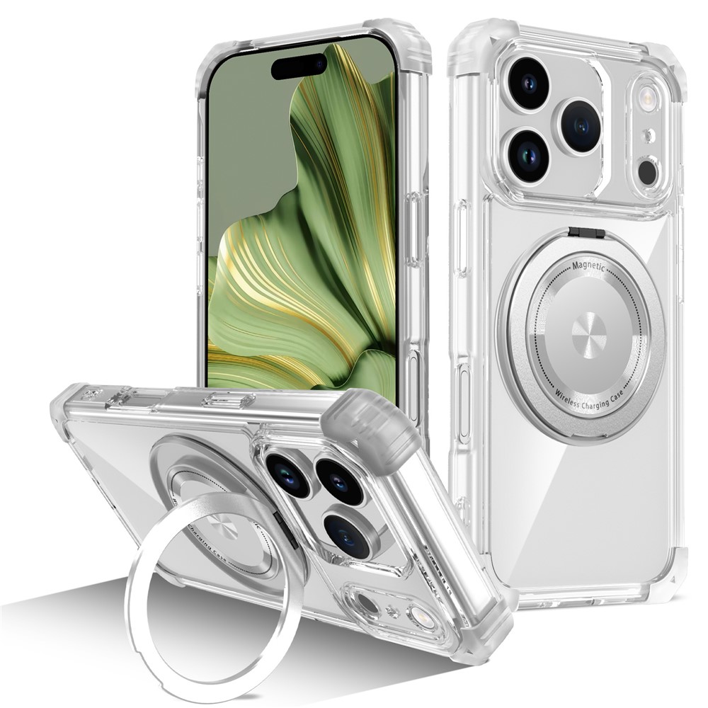 For iPhone 17 Pro Case Compatible with MagSafe Rotating Kickstand PC + TPU Back Cover - Transparent