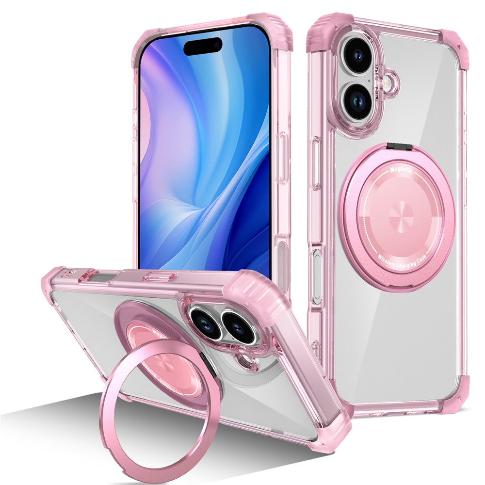 For iPhone 17 Case Compatible with MagSafe Rotating Kickstand PC + TPU Back Cover - Transparent Pink