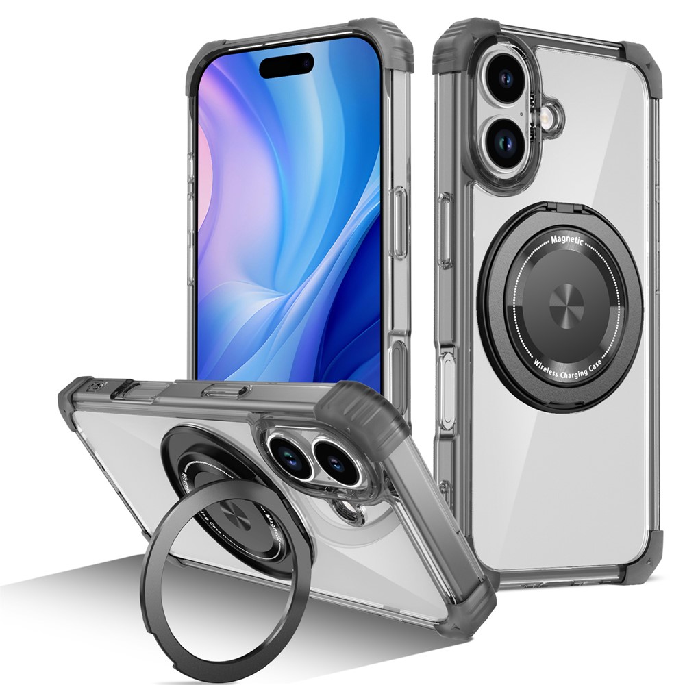 For iPhone 17 Case Compatible with MagSafe Rotating Kickstand PC + TPU Back Cover - Transparent Black
