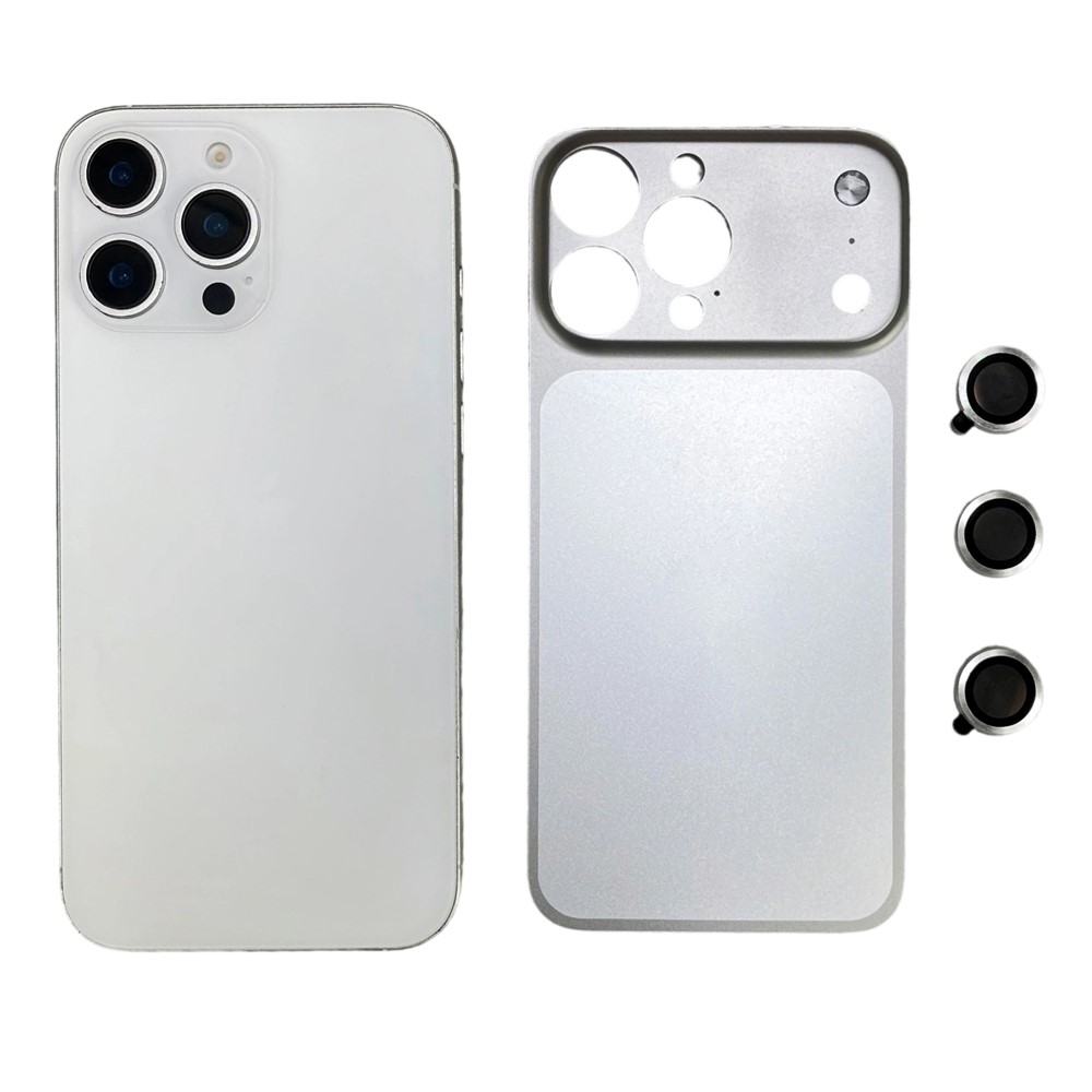 For iPhone 14 Pro Max Metal Case Transfer to 17 Pro Max Phone Cover with Camera Lens Protector - Silver